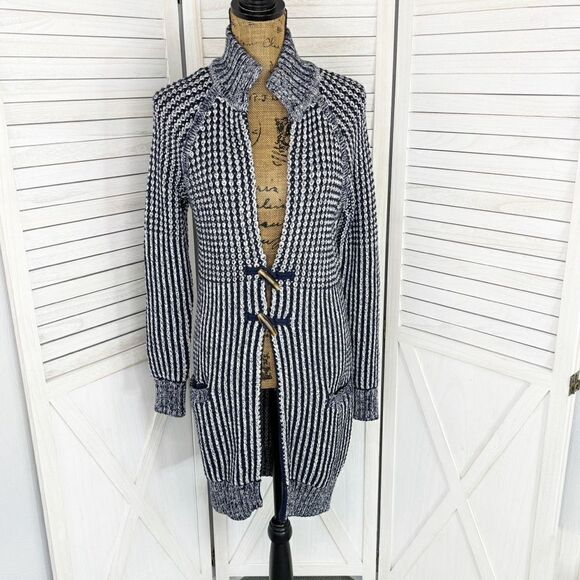 Gap Ribbed Toggle Front Long Cardigan Sweater Blue White XS Fisherman Nautical - Picture 3 of 16